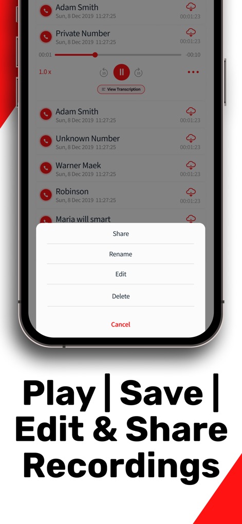 Call Recorder App ◉ACR MyCalls - The app empowers users with flexible management options, including the ability to 'Share' recordings and 'Edit' audio files directly.
