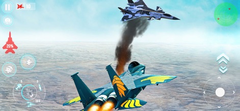 Plane Crash Fighter Jet Games - A imagem capta a tensão do combate com um caça em chamas e outro em manobra, ambos sobrevoando um extenso deserto árido.