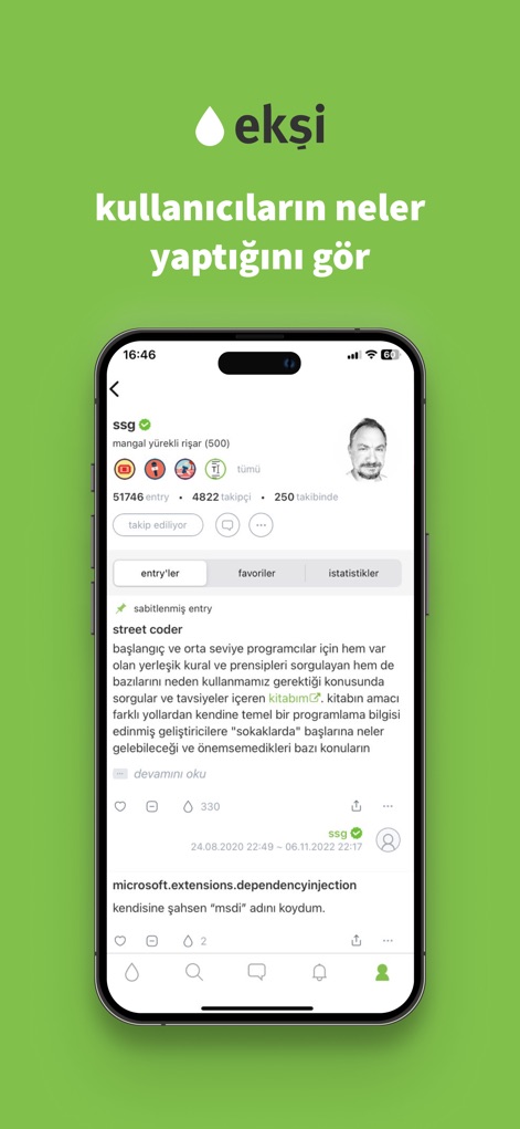 ekşi - Review detailed user profiles showcasing contribution statistics and easily navigate through individual entries and favorited content.