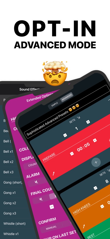 Interval Timer Plus - 本アプリの「詳細モード」では、ユーザーは高度な設定にアクセスし、トレーニングをより細かくコントロールできます。例えば、「Sophisticated Advanced Presets」により、各インターバルを個別にカスタマイズし、特定のワークアウトに合わせた詳細なプリセットを作成することが可能です。