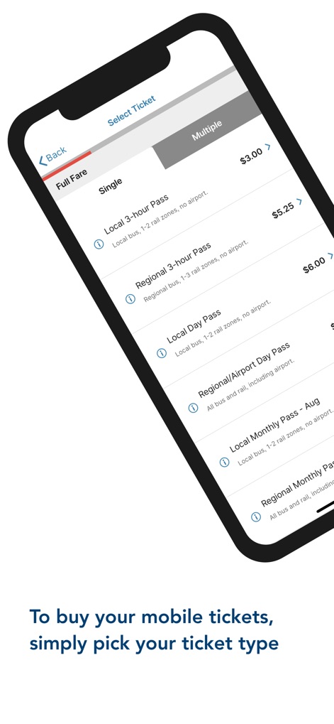 RTD MyRide - Nutzer können aus einer Vielzahl von Fahrkartentypen wählen, von Einzelfahrkarten bis hin zu Monatskarten, und sehen die jeweiligen Preise und Zoneninformationen für eine informierte Entscheidung.