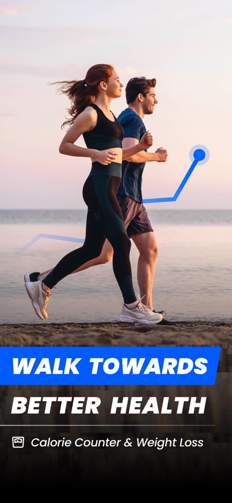 Pedometer & Step Counter - This visual introduces the app's focus on user well-being, featuring active individuals running and a subtle progress graph indicating health improvement.