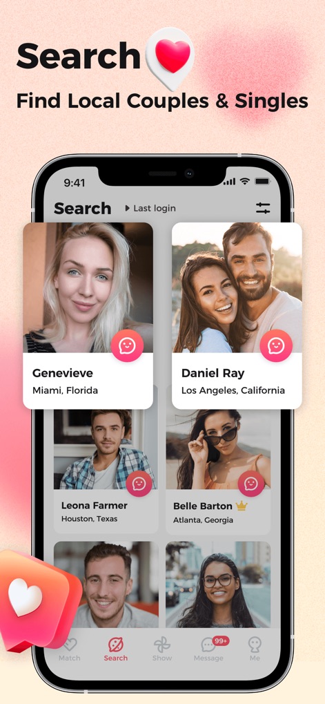 3way: Couples & Singles Dating - The app's intuitive search interface allows users to discover local couples and singles, featuring detailed profile cards and a clear bottom navigation bar for seamless browsing.