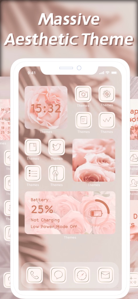 Themes: Color Widgets, Icons - This tool presents a vast "Massive Aesthetic Theme" with an elegant rose-themed clock widget and a sophisticated floral background.