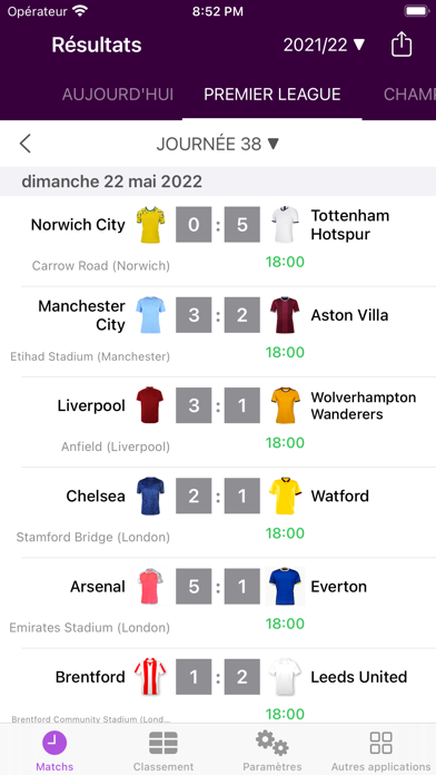 Screenshot #1 pour Résultats pour Premier League