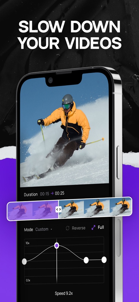 Slow Motion Video: Slowmo - L'application permet aux utilisateurs de créer des effets cinématographiques grâce à la courbe de vitesse personnalisable et la sélection précise des segments vidéo sur la timeline.
