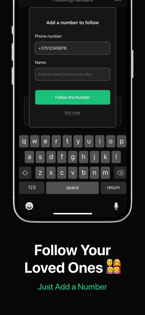 Last Seen Tracker for WhatsApp - Adding new individuals to monitor is streamlined with input fields for their 'Phone number' and a custom 'Name', activated by a simple 'Follow the Number' button.