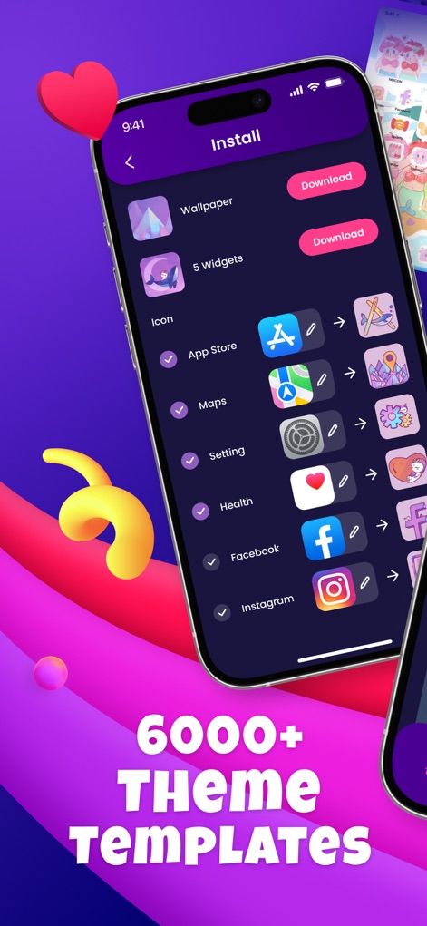 Color Widgets: Icon Themes - Con oltre "6000+ Theme Templates" disponibili, la piattaforma facilita l'installazione di pacchetti completi, come evidenziato dalla lista dettagliata che include sfondi e icone personalizzate per app come App Store e Maps.