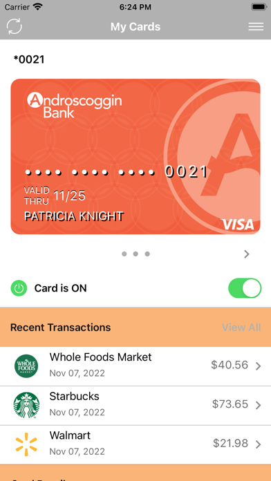 Androscoggin Bank Card Control Screenshot