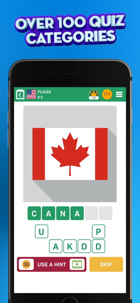 100 PICS Quiz - Picture Trivia - The app tests global knowledge with quizzes like the "Flags" category, showcasing a clear image of the Canadian flag and providing a "SKIP" button for players.
