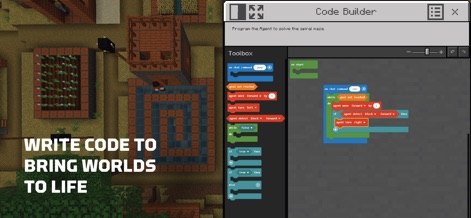 Minecraft Education - A interface do "Code Builder" permite que os estudantes deem vida a mundos complexos, usando blocos de código intuitivos para resolver desafios como "guiar um agente através de um labirinto".