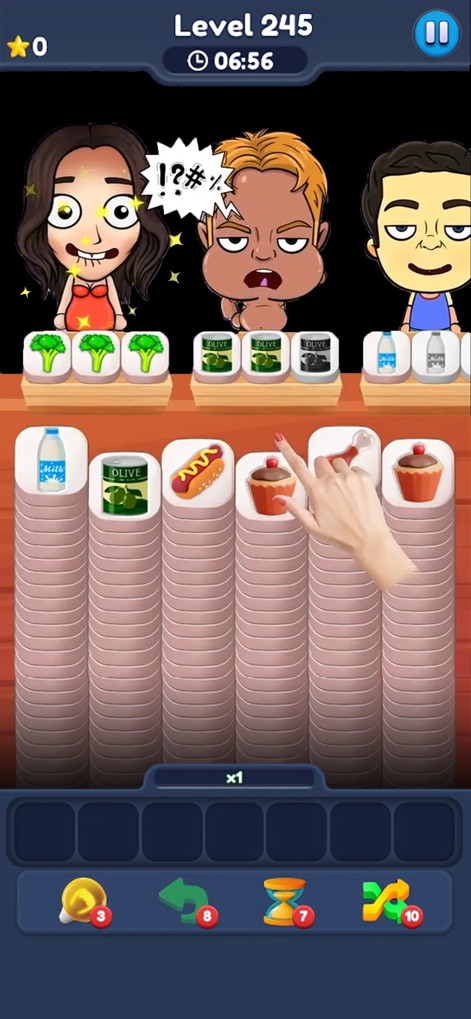Food Match 3D: Tile Puzzle - See how the app displays dynamic customer reactions and organized matching columns for a clear gameplay objective.