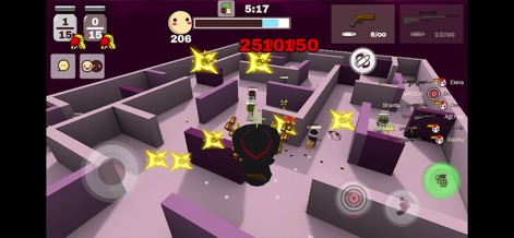 MilkChoco - Online FPS - This screenshot highlights dynamic maze combat, with multiple characters engaged in firefights and prominent glowing attack effects.