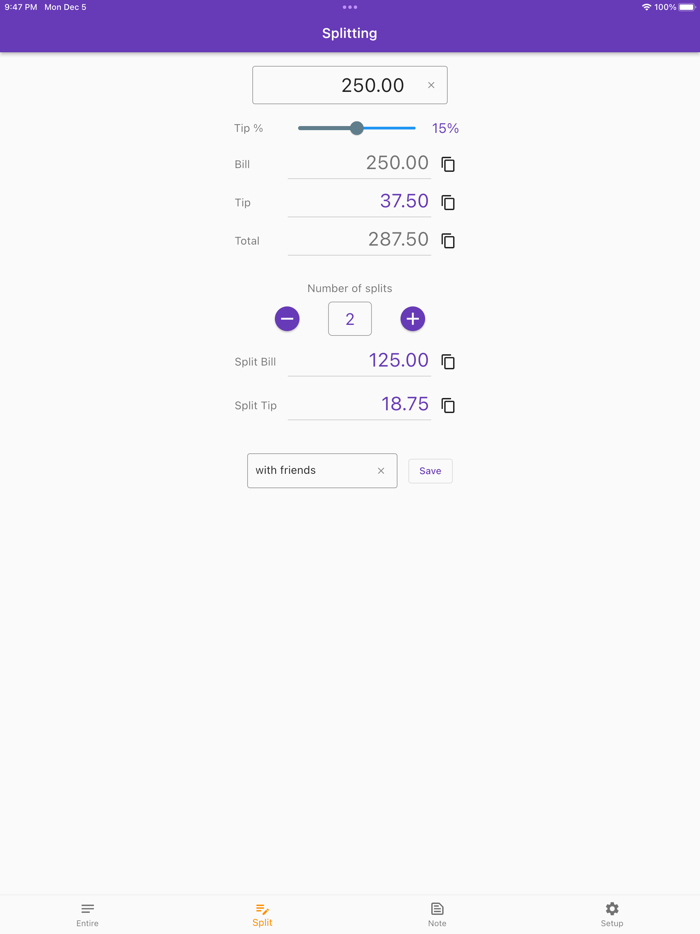 Tip Calculator bill tip split