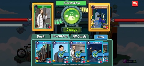 Animation Throwdown: CCG - La aplicación permite a los usuarios fusionar cartas en un laboratorio virtual con un temporizador de "2 days", combinando personajes como Krieg y Chokebot para potenciar sus mazos.