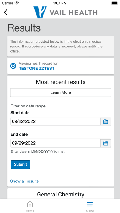 Vail Health Patient Portal Screenshot