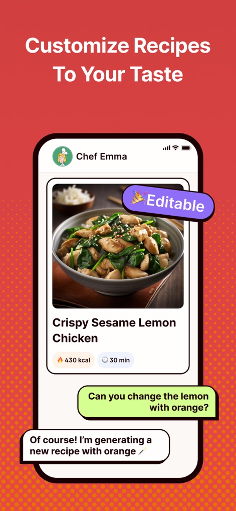 Magic Chef AI Recipe Generator - Dieses Tool erlaubt die einfache Anpassung von Rezepten, indem Nutzer Zutatenänderungen vorschlagen können, wie das Ersetzen von Zitrone durch Orange, und sofort eine aktualisierte Anleitung mit dem "Editable"-Tag erhalten.
