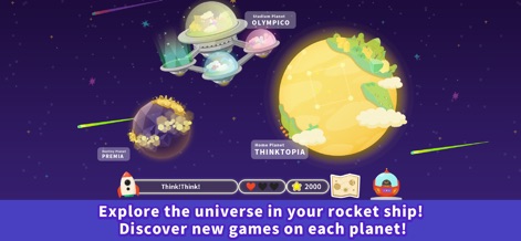 Think!Think! Games for Kids - このアプリでは、ユーザーはロケットシップで宇宙を探索し、異なる惑星(ホームプラネットやスタジアムプラネット)で新しいゲームやチャレンジを発見する冒険を楽しむことができます。