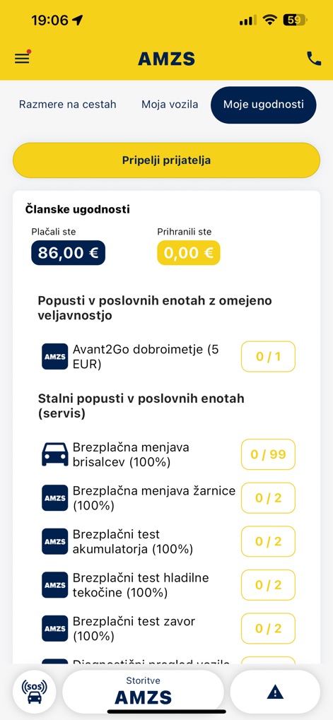 AMZS, prometne informacije - AMZS会員が利用できる独占的な特典や割引を提示し、会員割引のリストと節約額の表示を通じて、ユーザーにその価値を明確に伝えます。