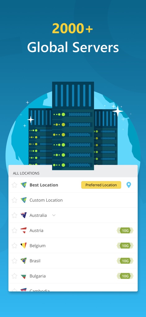 hide.me VPN - Users can explore a comprehensive list of server locations, each with country flags and high-speed '10G' indicators, all underpinned by an impressive global server rack illustration.