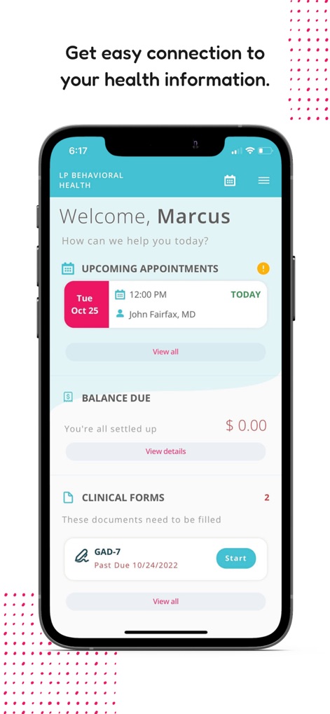 MYIO - This central hub offers a personalized welcome, displaying upcoming appointments with provider names and detailing essential tasks such as pending clinical forms like the GAD-7.