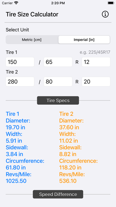 Tire Size Calculator Plus Screenshot