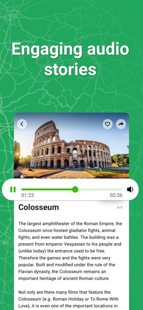 SmartGuide travel guide & map - Esta herramienta ofrece detalladas historias del Coliseo a través de su reproductor de audio integrado, con controles de reproducción claros y una descripción textual complementaria.