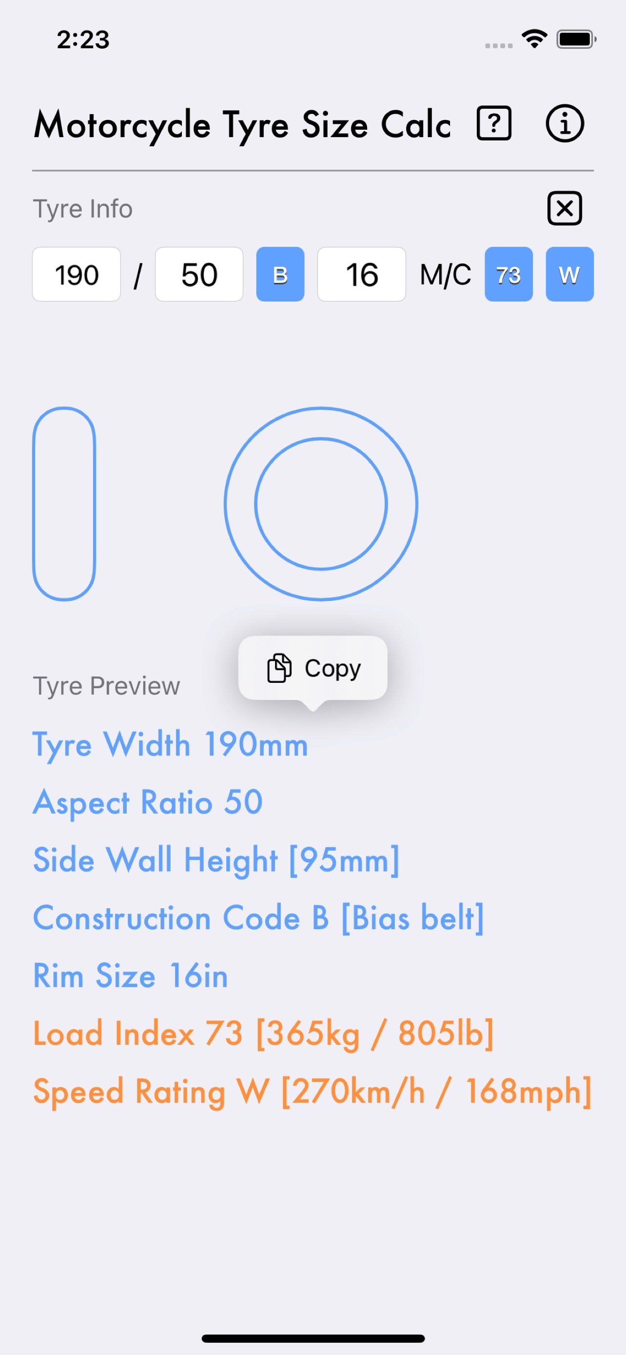Motorcycle Tyre Size Calc