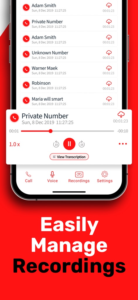Call Recorder App ◉ACR MyCalls - Users can efficiently manage their call history, featuring a detailed list of recordings and an integrated player with 'View Transcription' option.
