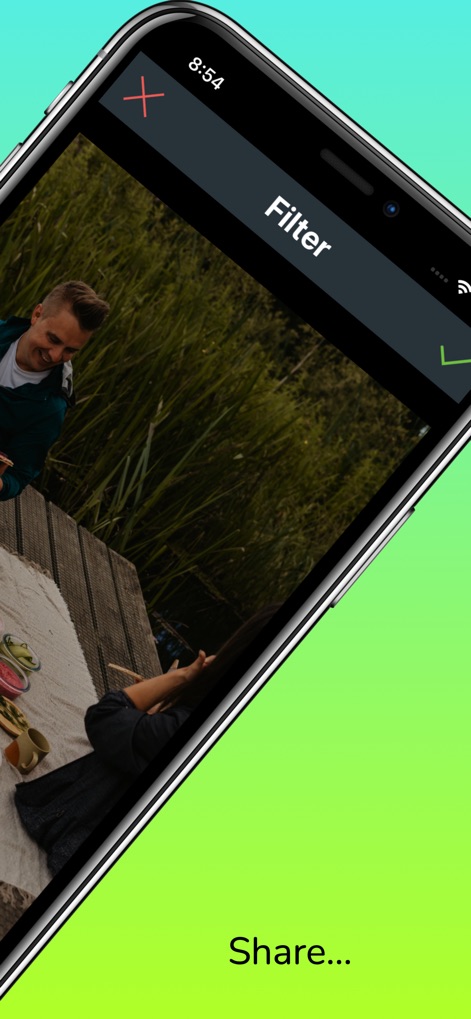 OVF Editor - Finalize edits with the confirmation checkmark and effortlessly prepare creations for social media through the prominent "Share..." prompt.