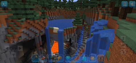 RealmCraft - Block Craft World - Esta captura revela una impresionante caverna subterránea con una cascada de agua cristalina y flujos de lava incandescente, mostrando la diversidad de biomas y la integración de elementos naturales.
