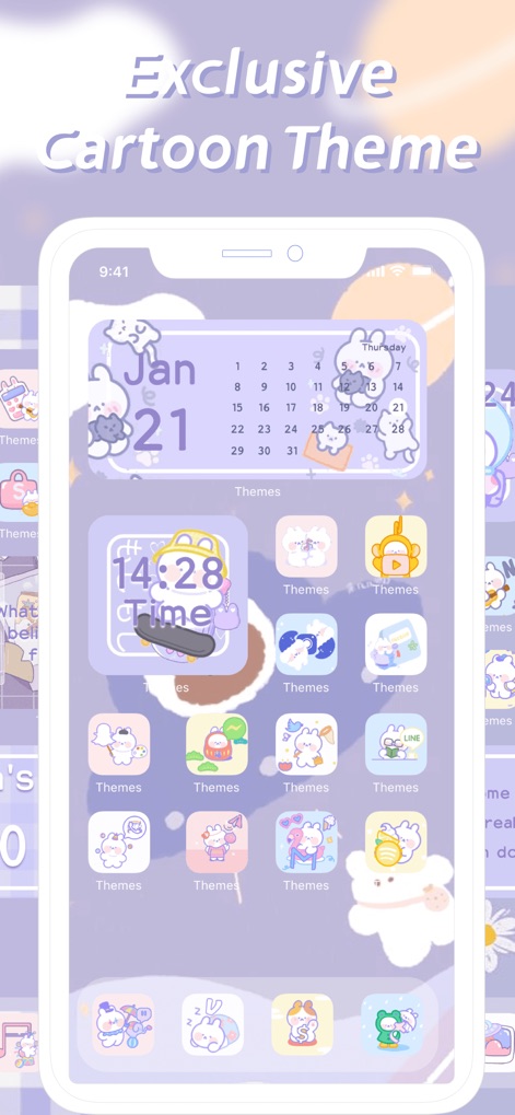 Themes: Color Widgets, Icons - See how Themes: Color Widgets, Icons transforms the home screen with playful cartoon widgets and charming, uniformly styled app icons.