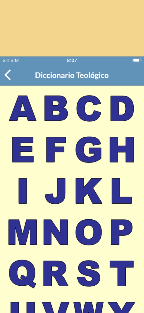 La Biblia Católica en Español - Le "Diccionario Teológico" est présenté avec une interface claire, organisée par ordre alphabétique via de grandes lettres, facilitant la recherche de termes théologiques spécifiques.