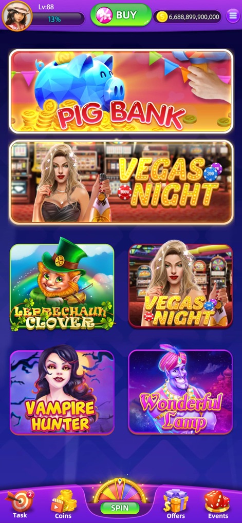 Lucky Spin Slot Machines - Explore a variety of engaging slot themes like "Vegas Night" and "Vampire Hunter", easily accessible from the intuitive home screen and bottom navigation bar.