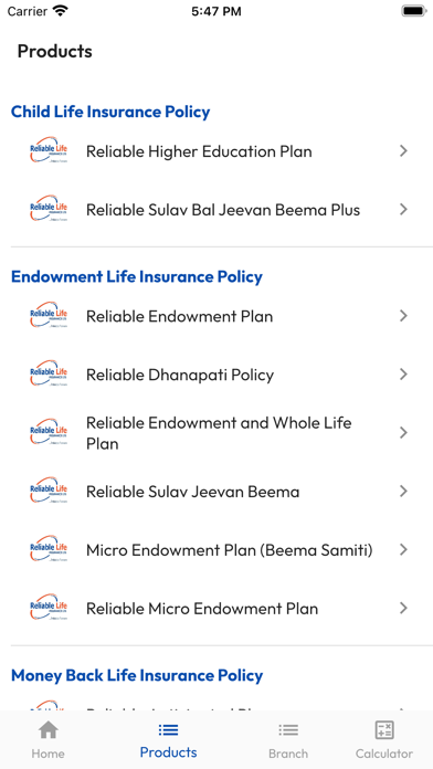 Reliable Life Insurance Screenshot