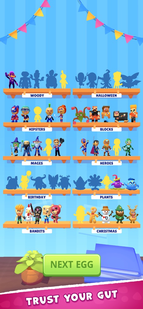 Super Toy 3D - Users can explore diverse toy collections displayed on organized shelves, showcasing both collected figures and silhouettes of those yet to be discovered.