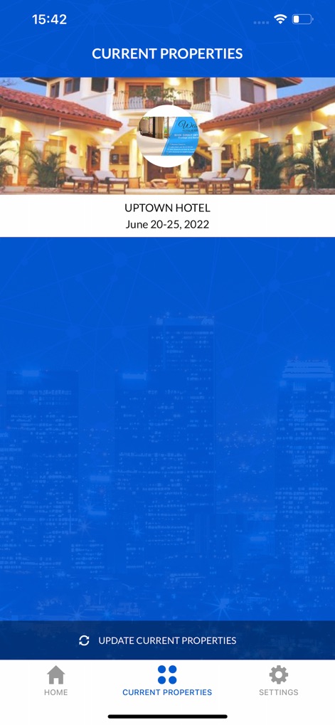 DirectKey™ - A seção "CURRENT PROPERTIES" exibe um banner representativo do hotel, como o do Uptown Hotel, e as datas de reserva do usuário, garantindo uma visão geral organizada.