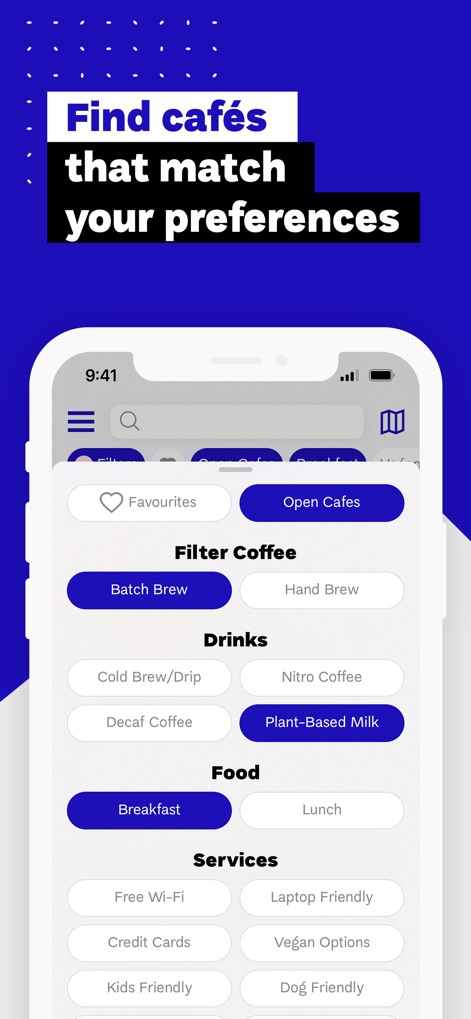 European Coffee Trip - Users can fine-tune their search with an extensive range of preferences, including specific coffee types like 'Batch Brew' and essential amenities such as 'Free Wi-Fi' or 'Plant-Based Milk'.