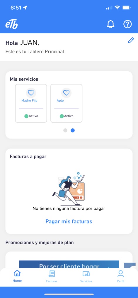 Mi ETB - Das persönliche Dashboard zeigt aktive Dienste und den Status ausstehender Rechnungen, begleitet von einer motivierenden Grafik und einer übersichtlichen Navigationsleiste am unteren Bildschirmrand.