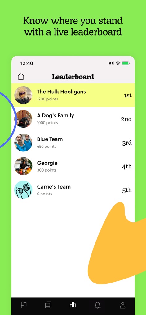 Goosechase - The live leaderboard visually ranks participants, showcasing teams like 'The Hulk Hooligans' in 1st place and their accumulated score points, fostering a competitive spirit.