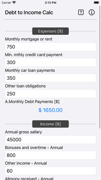 Debt 2 Income Calculator Screenshot