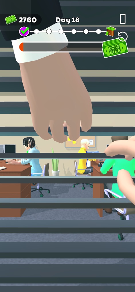 Boss Life 3D: Office Adventure - La interfaz ofrece una perspectiva única a través de unas persianas, donde una gran mano del jefe se asoma supervisando a los empleados en sus escritorios, destacando el control gerencial.