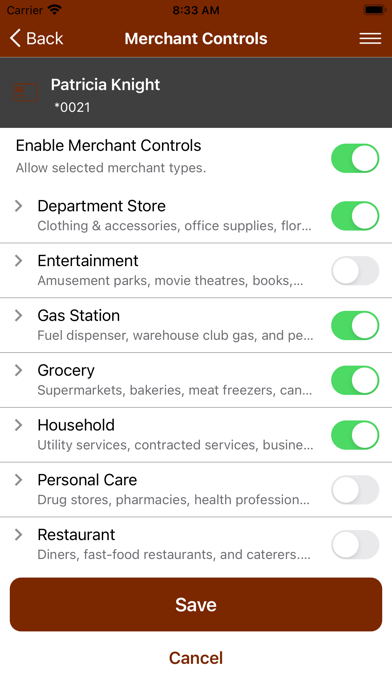 Pioneer Bank Card Control Screenshot