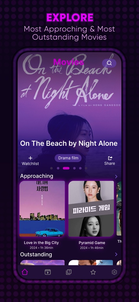 Drama Slay : Kdrama Movie Go - 이 화면은 '밤의 해변에서 혼자'와 같은 주요 영화 정보와 함께, '도시남녀의 사랑법'이나 '피라미드 게임'과 같은 개봉 예정작 및 뛰어난 작품들을 탐색할 기회를 제공합니다.