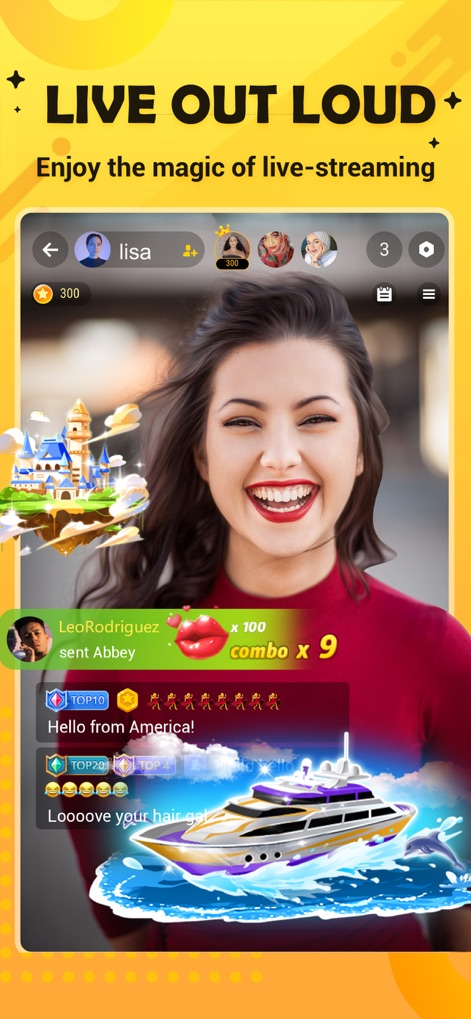 Hago- Party, Chat & Games - A plataforma permite transmissões ao vivo de um único apresentador, com um feed de chat dinâmico para interação do público e a exibição de presentes animados, como um "iate", que geram "combos".