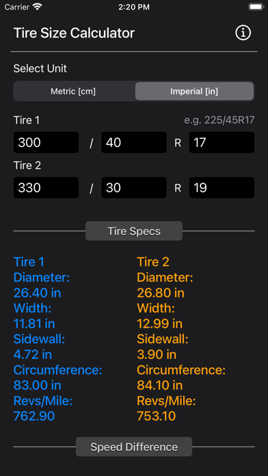 Tire Size Calculator Plus Screenshot