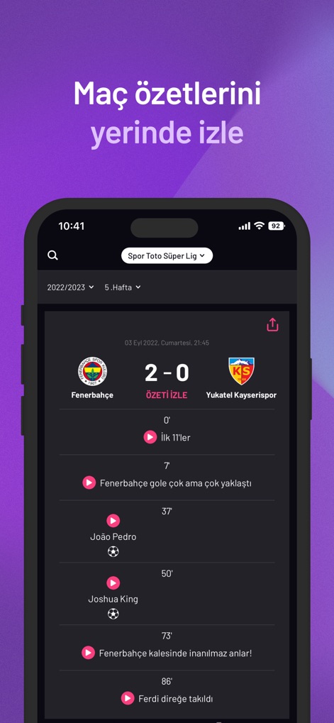 beIN SPORTS TR - 本アプリでは、詳細なスコア表示とチームロゴに加えて、試合のイベントがタイムライン形式で提供され、ユーザーは試合の流れを把握できます。