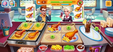 Cooking Frenzy® Crazy Chef - This view illustrates the fast-paced gameplay with multiple frying stations for perfectly cooked chicken and an efficient setup for quickly serving customer orders with accompanying beverages.