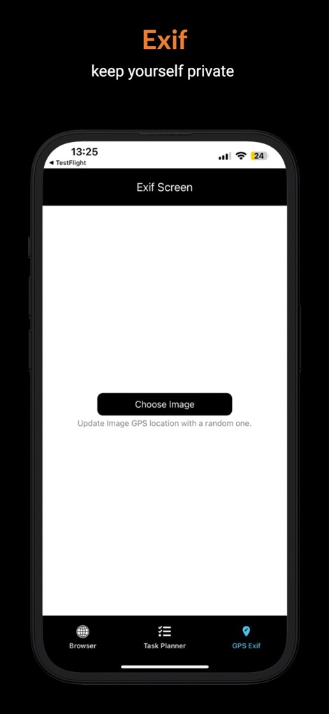 Proxy Browser - Task manager - Aquí se visualiza la función de privacidad de fotos, destacando el botón central 'Choose Image' para seleccionar una imagen, y el texto debajo que explica la función de actualizar la ubicación GPS de forma aleatoria antes de compartir.
