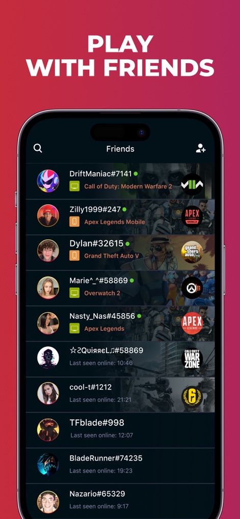 PLINK – Team Up, Chat, Play - 사용자는 친구 목록과 각 친구의 온라인 상태를 확인하고, 친구들이 플레이하는 게임 아이콘을 통해 함께 즐길 게임을 쉽게 찾을 수 있습니다.